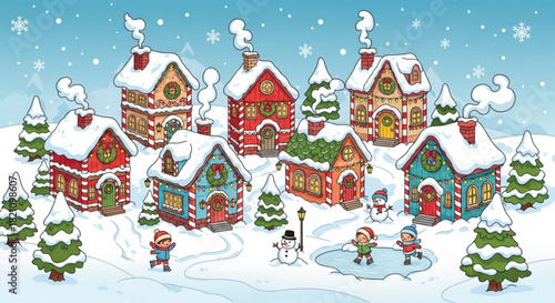 Enchanting winter village scene with snow-covered houses, joyful children skating, whimsical snowmen, and frosty trees, perfect for holiday cheer