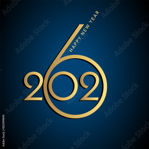 2026 - carte de vœux graphique et moderne or sur un fond bleu où les chiffres jouent avec la géométrie - Texte anglais.