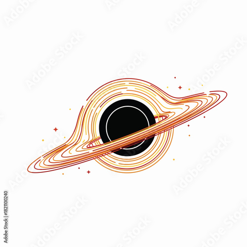 Illustration of a black hole with an accretion disk and surrounding cosmic elements