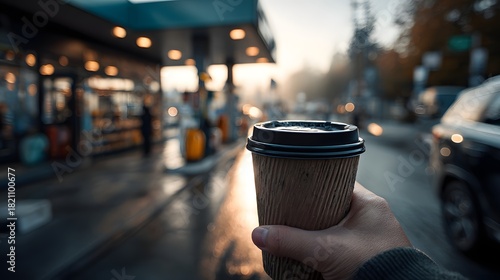 Fototapeta Naklejka Na Ścianę i Meble -  Person holding a coffee cup in a busy city street. The coffee cup is black and the person is holding it in their hand. The scene is bustling with activity, with cars and people walking around