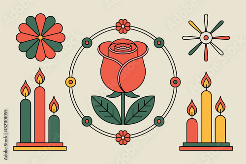 Floral Arrangement with Candles: Geometric Rose, Decorative Elements, and Lit Candles in a Retro, Minimalist Style Illustration