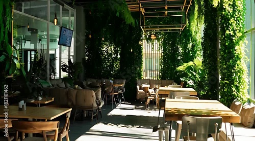 Modern restaurant interior with lush green vertical gardens and sunlight