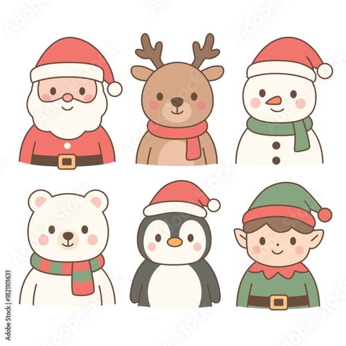 Cute hand-drawn Christmas characters set with Santa, reindeer, snowman, penguin, 
white bear, elf. Simple bright flat vector illustration on white background for cards, stickers, festive designs.