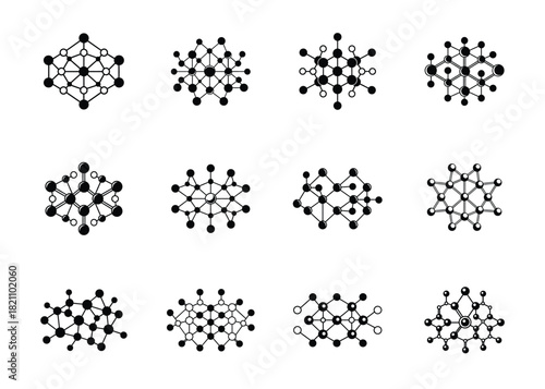 Various black and white molecular structure diagrams isolated on a white background