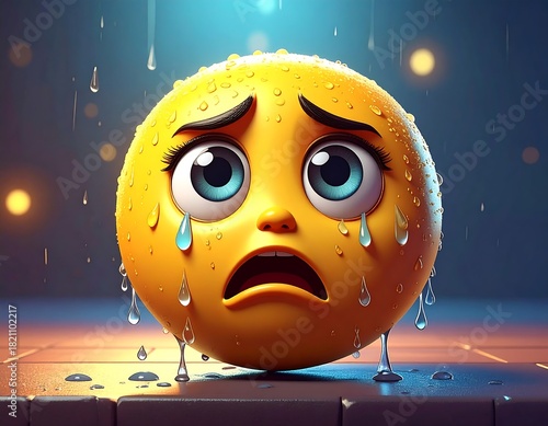 A round, yellow emoji face looking sad with large tears, on a shiny surface with a blue background