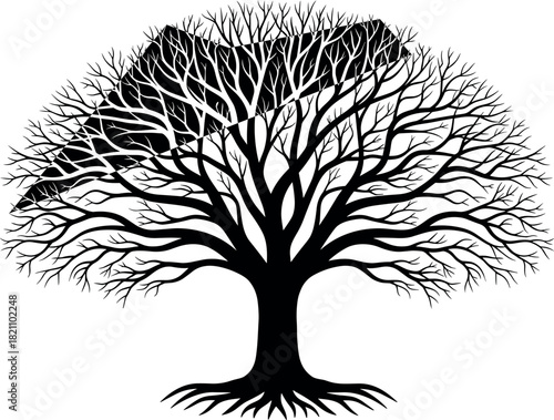 Abstract black silhouette of leafless tree with roots and geometric triangle shape, isolated vector illustration for logo design.