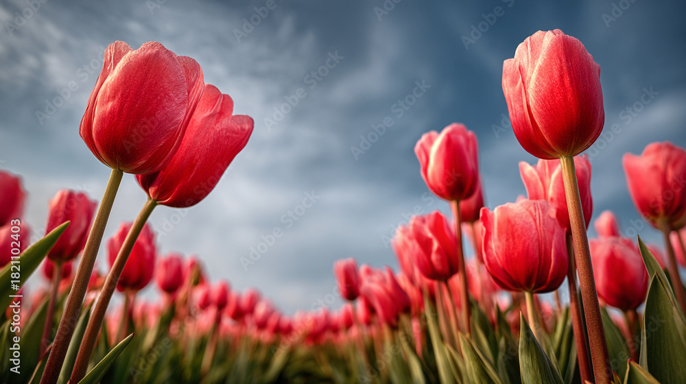 Obraz premium A field of vibrant red tulips stretching towards a cloudy sky in the springtime season outdoors