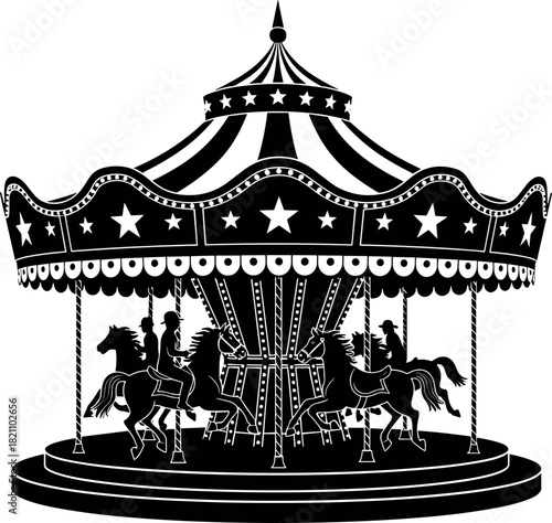 Black and white silhouette of carousel with horses, isolated vector illustration for amusement park, carnival, and fun fair design.