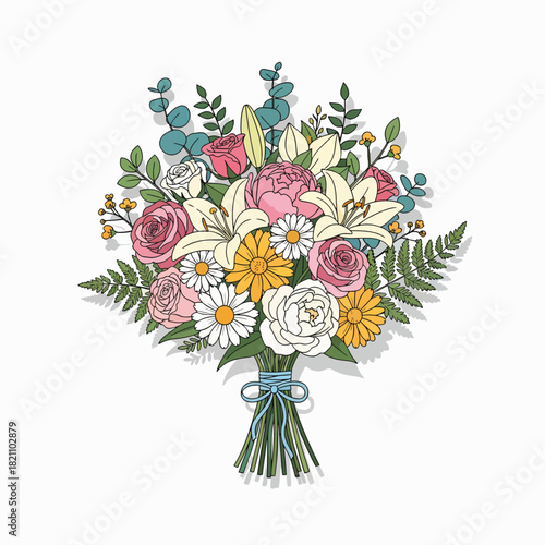 A Beautiful Hand Drawn Floral Arrangement Of Various Flowers And Greenery Tied With A Blue Ribbon