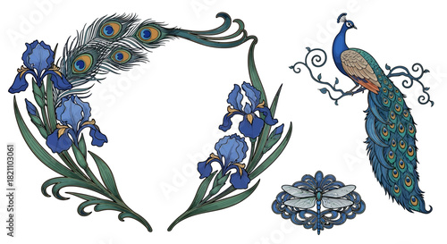 Art Nouveau Vector Design with Peacock, Iris Flowers and Dragonfly Brooch in Blue, Green and Gold
