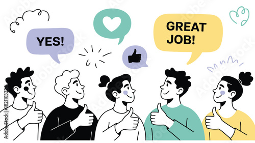 Diverse team of professionals collaborating and celebrating success with a thumbs up gesture modern vector illustration