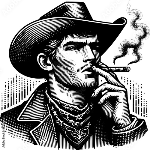 Western Portrait: An intense vintage drawing of a rugged cowboy. the cowboy is seen smoking cigar.