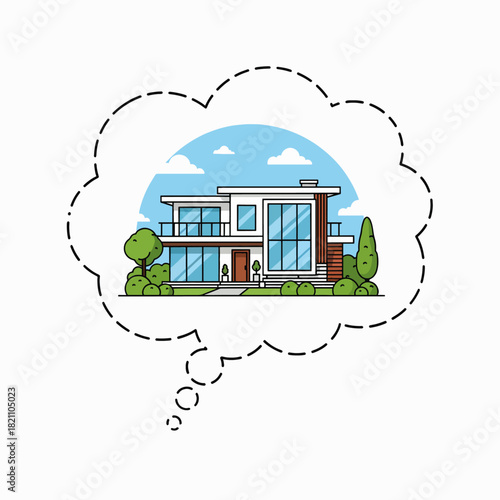 Dreaming of a Modern House Design with Lush Green Landscaping and Blue Skies Illustration