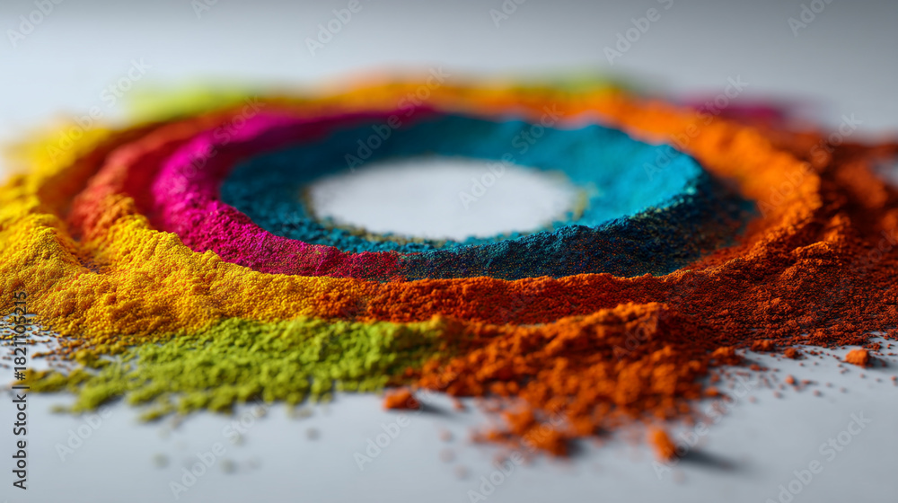 Obraz premium Colorful powder arranged in concentric circles with a white center on a white background
