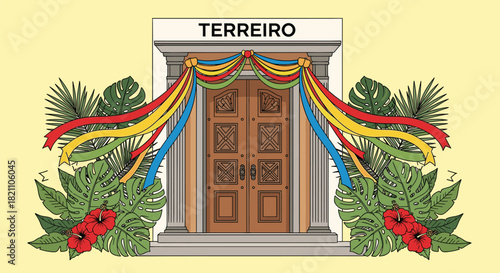 Illustration of a Terreiro entrance with vibrant ribbons, tropical leaves, and hibiscus flowers; a colorful tribute to Afro-Brazilian culture and spirituality.