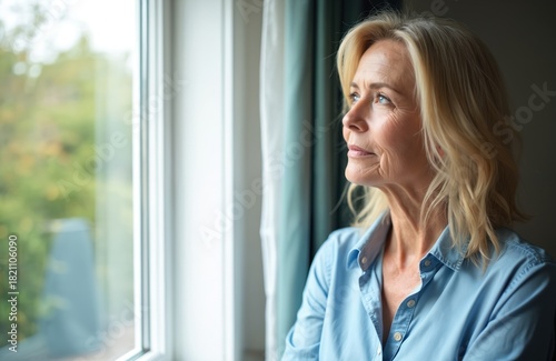 Blonde woman looks out window. Mature female contemplates life indoors. Thoughtful lady with blue shirt thinks, gazes outside, feels pensive. Solitude scene, calm interior atmosphere. Free Download Blonde woman looks out window. Mature female contemplates life indoors. Thoughtful lady with blue shirt thinks, gazes outside, feels pensive. Solitude scene, calm interior atmosphere. - GFXLoad