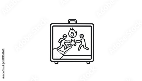 A stylized TV shows two figures fighting in front of a flame, presented in simple black and white outline art