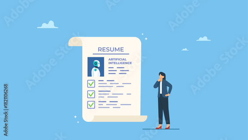 Businesswoman HR consider robot AI resume to fill in job. Artificial Intelligence AI replacement on human workforce, job or employment, AI candidate, machine or automation to work position.