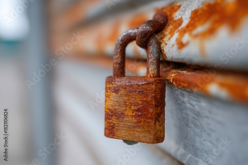 Fototapeta Naklejka Na Ścianę i Meble -  Close-up rusty padlock on corrugated shutter of Mexican street stall.
