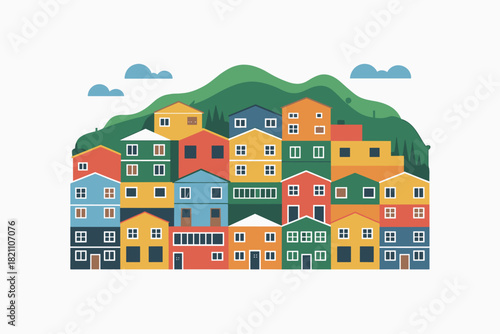Colorful Hillside Houses Illustration: A charming vector image showcasing a vibrant town nestled on a green hill beneath fluffy blue clouds, perfect for various creative projects.