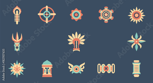 Aztec and Mesoamerican Style Symbols and Icons in Flat Design with an Earthy Color Palette on a Dark Blue Background
