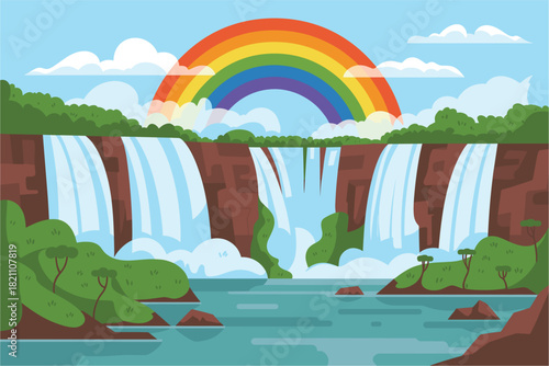 Cartoon Waterfall Landscape with Rainbow and Lush Vegetation: Serene Nature Scene, Ideal for Backgrounds and Illustrations with a Vibrant and Colorful Design