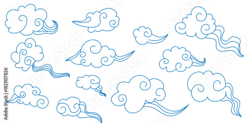 Set korean retro style clouds, asian illustration , line art vector decoration elements for banners, posters, cards
