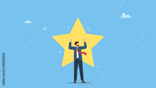 Confidence businessman with excellent golden star. Star employee, success leader or confidence, high performance staff or achievement, evaluation or award winning, quality.