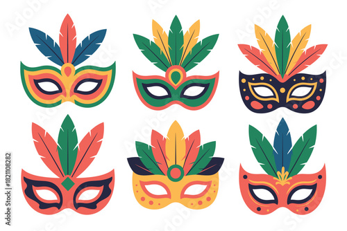 Festive Carnival Masks with Colorful Feathers, Celebration, Masquerade, and Party Designs for Events and Celebrations, isolated vector set