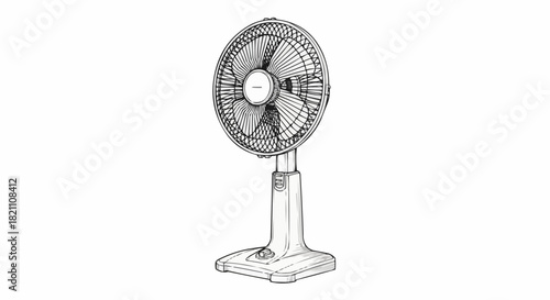 Vintage style line art illustration of an oscillating pedestal fan.