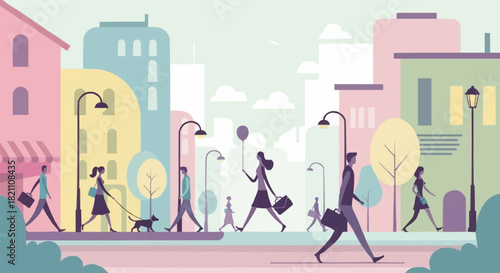 People Walking in a Cityscape Illustration with Pastel Colors.