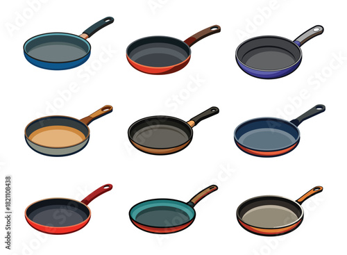 A collection of colorful frying pans arranged on a white background
