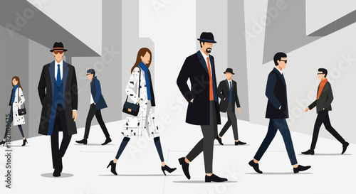 Stylish people walking in a city street, showcasing modern fashion and urban lifestyle.