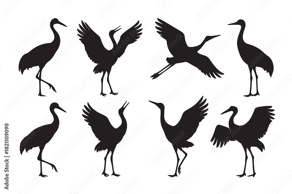 Obraz premium Silhouettes of cranes in various poses against a white background