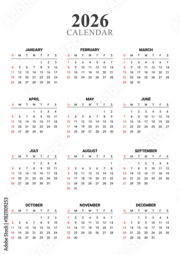 Vector illustration of 2026 Calendar template