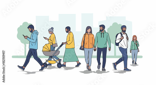 Diverse group of people walking together in an urban setting.