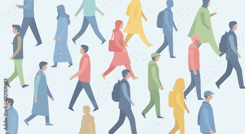 Diverse group of people walking together in various directions.