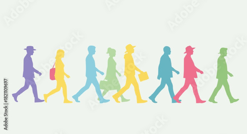 Diverse group of people walking in colorful silhouettes.