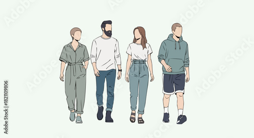 Diverse Group of People Walking Together in Casual Outfits Illustration.