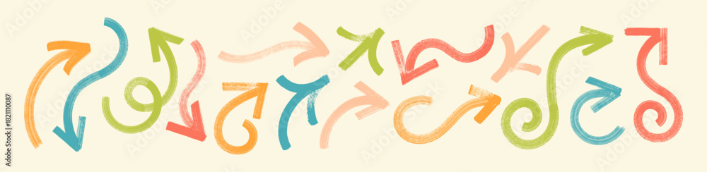 Obraz premium Fun arrow doodle vector set. Bold colorful hand-drawn arrows bg. Curly lines, playful sketch shapes. Brush-painted direction icon swirls, smears. Rough acrylic paint sketched childlike organic strokes