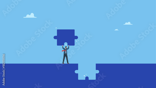 Businessman complete last missing jigsaw puzzle piece. Complete jigsaw puzzle to solve business problem, solution or connection for business achievement, challenge and accomplishment.
