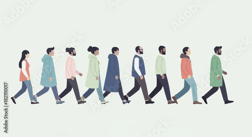 Diverse group of people walking in a single line illustration.