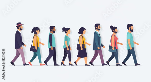 Diverse group of people walking in a line side view.