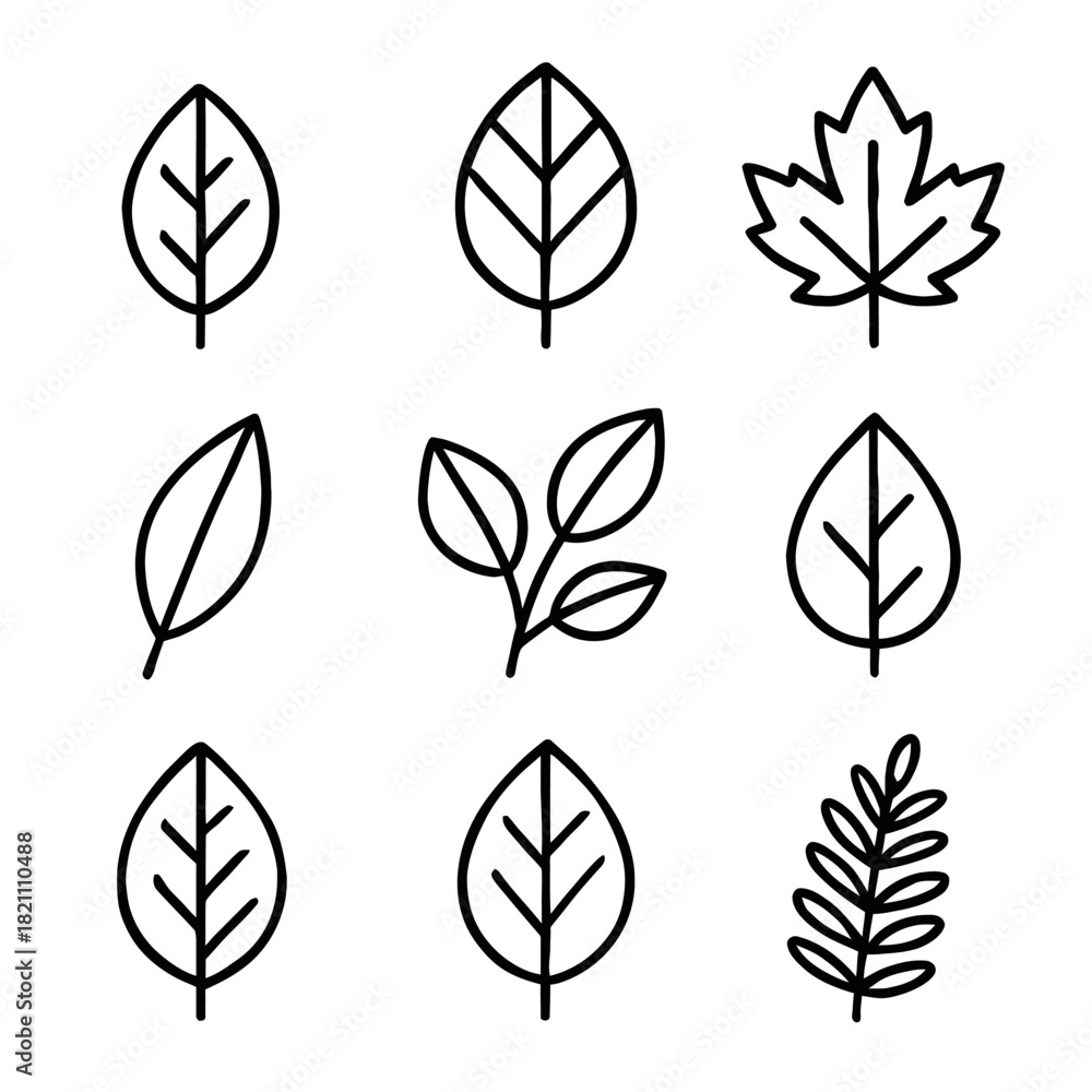 Fototapeta premium Set of nine black leaf icons with minimalist design in various shapes
