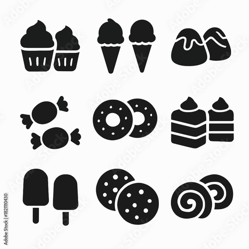 Black silhouette icon set of various desserts and sweets