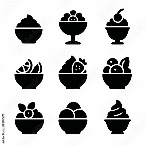 Silhouette icons set of various desserts in bowls