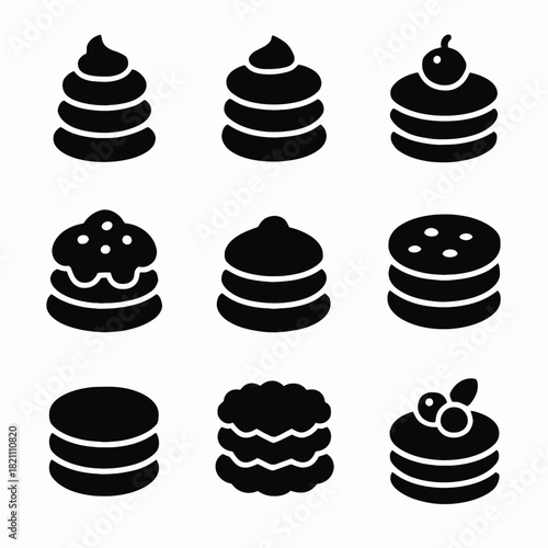 Black silhouette icons of various cookie designs with toppings and layers