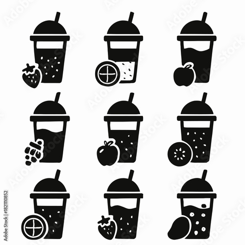 Collection of nine black and white fruit smoothie icons with straw