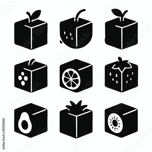 Set of cubic fruit icons in bold black and white design