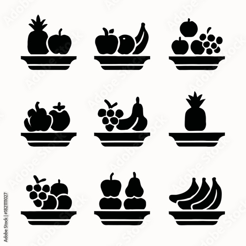 Silhouette icons of varied fruit arrangements on shelves